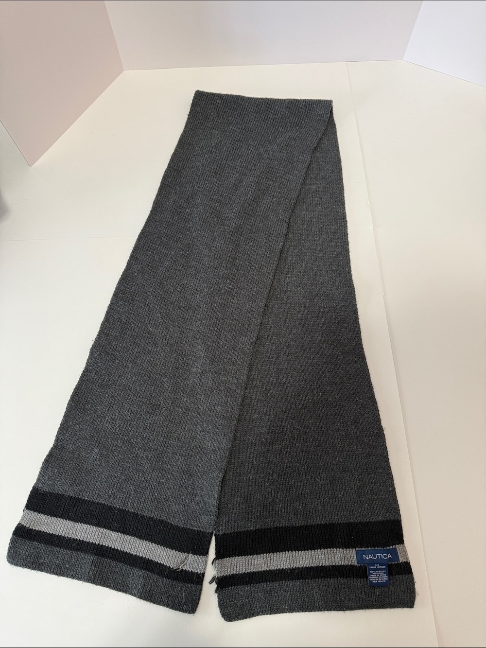 Nautica Dark Gray Knit Scarf with Striped Hem